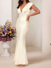 Satin V Neck Cap Sleeves Backless Maxi Dress