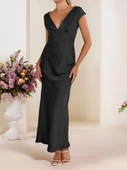 Satin V Neck Cap Sleeves Backless Maxi Dress