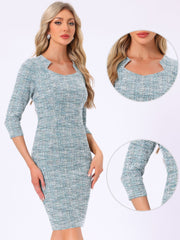 Elegant Square Neck 3/4 Sleeve Plaid Tweed Sheath Dress