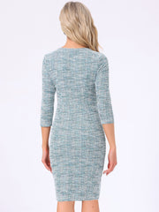 Elegant Square Neck 3/4 Sleeve Plaid Tweed Sheath Dress