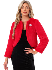 Winter Open Front Long Sleeve Faux Fur Bolero Shrugs Jacket
