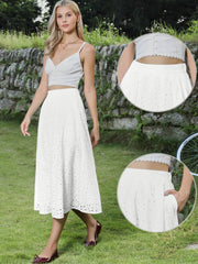 Cotton Eyelet Boho High Waisted A-Line Flowy Midi Skirts