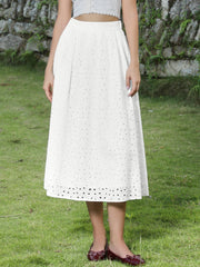Cotton Eyelet Boho High Waisted A-Line Flowy Midi Skirts