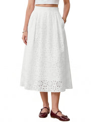 Cotton Eyelet Boho High Waisted A-Line Flowy Midi Skirts