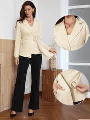 Notched Lapel Buckle Tie Waist Long Sleeve Work Office Blazer