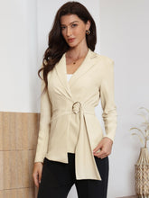 Notched Lapel Buckle Tie Waist Long Sleeve Work Office Blazer
