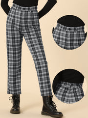 Plaid Cropped Trousers Button Casual Tartan Check Work Pants