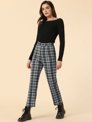 Plaid Cropped Trousers Button Casual Tartan Check Work Pants