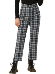 Plaid Cropped Trousers Button Casual Tartan Check Work Pants