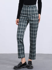 Plaid Cropped Trousers Button Casual Tartan Check Work Pants