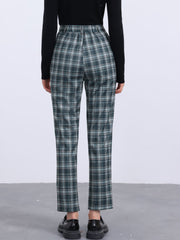 Plaid Cropped Trousers Button Casual Tartan Check Work Pants