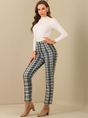 Plaid Cropped Trousers Button Casual Tartan Check Work Pants
