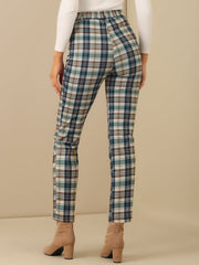 Plaid Cropped Trousers Button Casual Tartan Check Work Pants