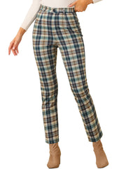 Plaid Cropped Trousers Button Casual Tartan Check Work Pants
