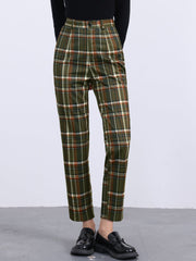 Plaid Cropped Trousers Button Casual Tartan Check Work Pants