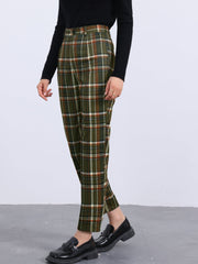 Plaid Cropped Trousers Button Casual Tartan Check Work Pants