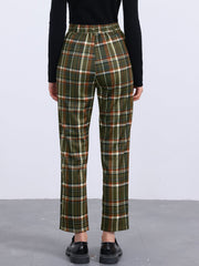 Plaid Cropped Trousers Button Casual Tartan Check Work Pants