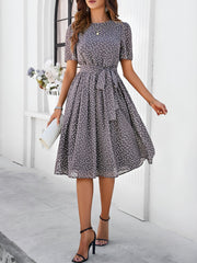 Casual Polka Dot Lace-Up Midi A-Line Dress