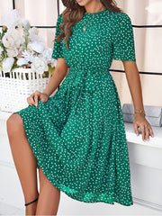 Casual Polka Dot Lace-Up Midi A-Line Dress