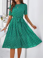 Casual Polka Dot Lace-Up Midi A-Line Dress
