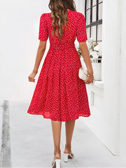 Casual Polka Dot Lace-Up Midi A-Line Dress