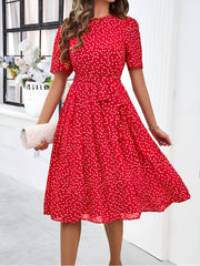 Casual Polka Dot Lace-Up Midi A-Line Dress