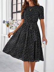 Casual Polka Dot Lace-Up Midi A-Line Dress