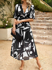 Deep V Neck Puff Sleeves Graphic A-Line Midi Dress