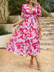 Deep V Neck Puff Sleeves Graphic A-Line Midi Dress