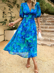 Deep V Neck Puff Sleeves Graphic A-Line Midi Dress
