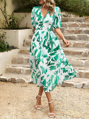 Deep V Neck Puff Sleeves Graphic A-Line Midi Dress