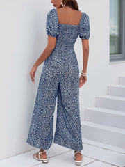 Square Neck Puff Sleeve Printed Smocked Pocketed Wide Legs Jumpsuit