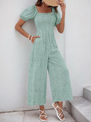 Square Neck Puff Sleeve Printed Smocked Pocketed Wide Legs Jumpsuit