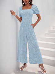 Square Neck Puff Sleeve Printed Smocked Pocketed Wide Legs Jumpsuit