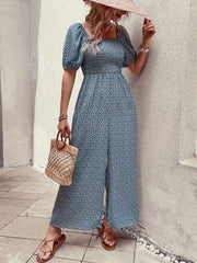 Square Neck Puff Sleeve Printed Smocked Pocketed Wide Legs Jumpsuit