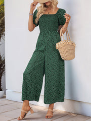 Square Neck Puff Sleeve Printed Smocked Pocketed Wide Legs Jumpsuit