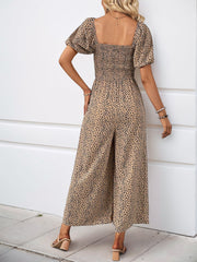 Square Neck Puff Sleeve Printed Smocked Pocketed Wide Legs Jumpsuit