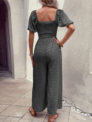 Square Neck Puff Sleeve Printed Smocked Pocketed Wide Legs Jumpsuit