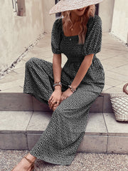 Square Neck Puff Sleeve Printed Smocked Pocketed Wide Legs Jumpsuit