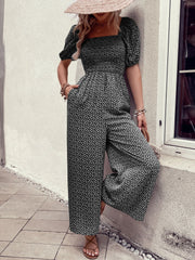 Square Neck Puff Sleeve Printed Smocked Pocketed Wide Legs Jumpsuit