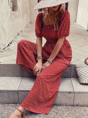 Square Neck Puff Sleeve Printed Smocked Pocketed Wide Legs Jumpsuit