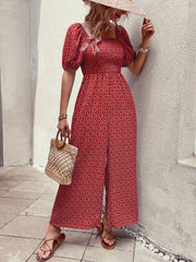 Square Neck Puff Sleeve Printed Smocked Pocketed Wide Legs Jumpsuit