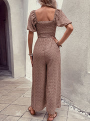 Square Neck Puff Sleeve Printed Smocked Pocketed Wide Legs Jumpsuit