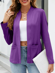Collarless Open Front Pocketed Long Sleeves Jacket