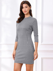 Mock Neck 3/4 Sleeve Slim Check Office Work Plaid Dress