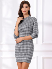 Mock Neck 3/4 Sleeve Slim Check Office Work Plaid Dress