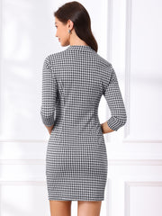 Mock Neck 3/4 Sleeve Slim Check Office Work Plaid Dress