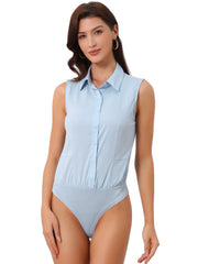 Sleeveless Collared Business Work Button Down Leotard Shirt Bodysuit