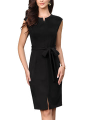 Sleeveless Notched Neck Belted Business Office Sheath Dress
