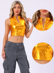 Metallic Crop Tops Mock Neck Zip Up Shiny Holographic Tank Top